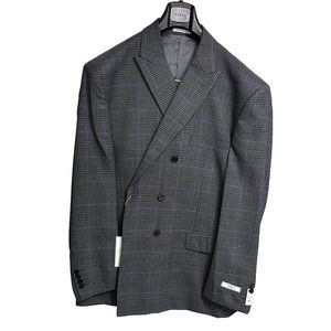Mens Classic Wool Feel Double Breasted Glen Plaid Suit in Tan